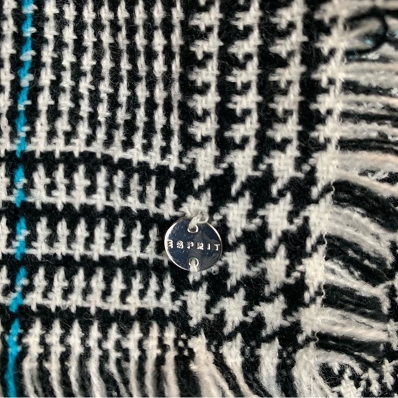 Esprit Houndstooth Blanket Scarf Shawl Wrap Black White Fringe Blue Contrast - Picture 3 of 5